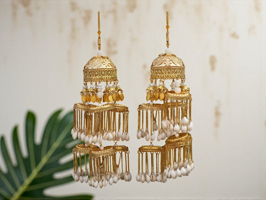 Grand Multi-Layer Golden Bridal Kaleera with White Bead Detailing