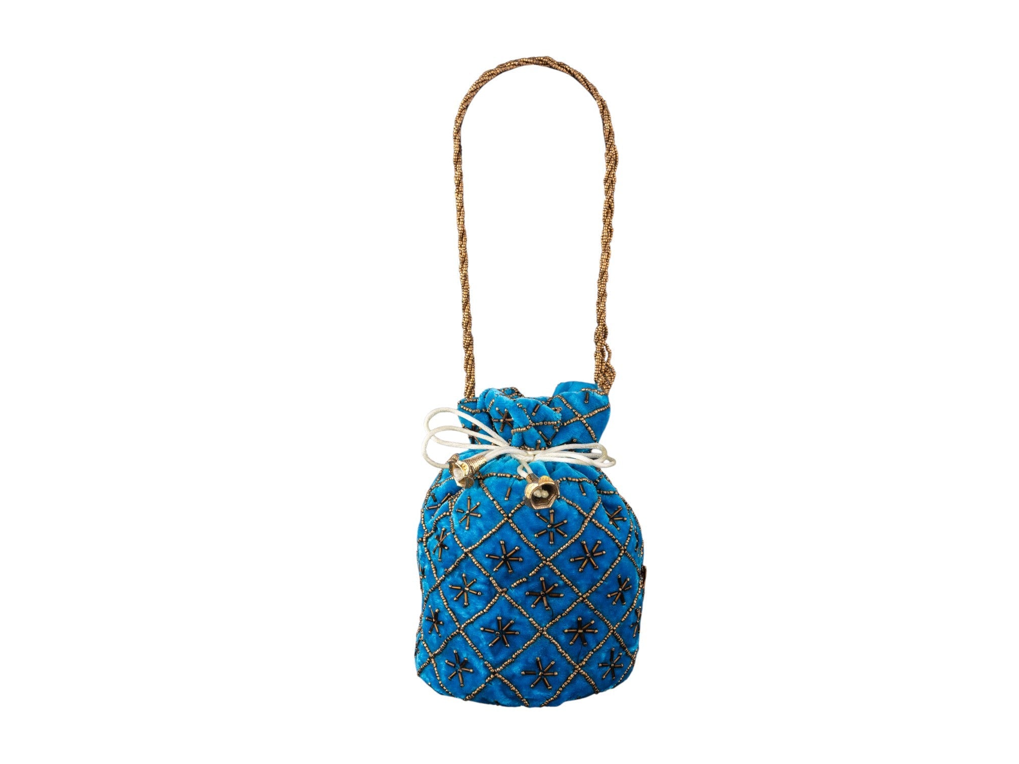 Fuchsia Embroidered Potli Bag with Golden Beadwork & Braided Handle - Blue - Image 2