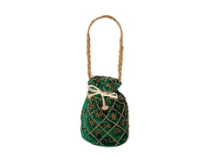 Fuchsia Embroidered Potli Bag with Golden Beadwork & Braided Handle - Green - Image 2