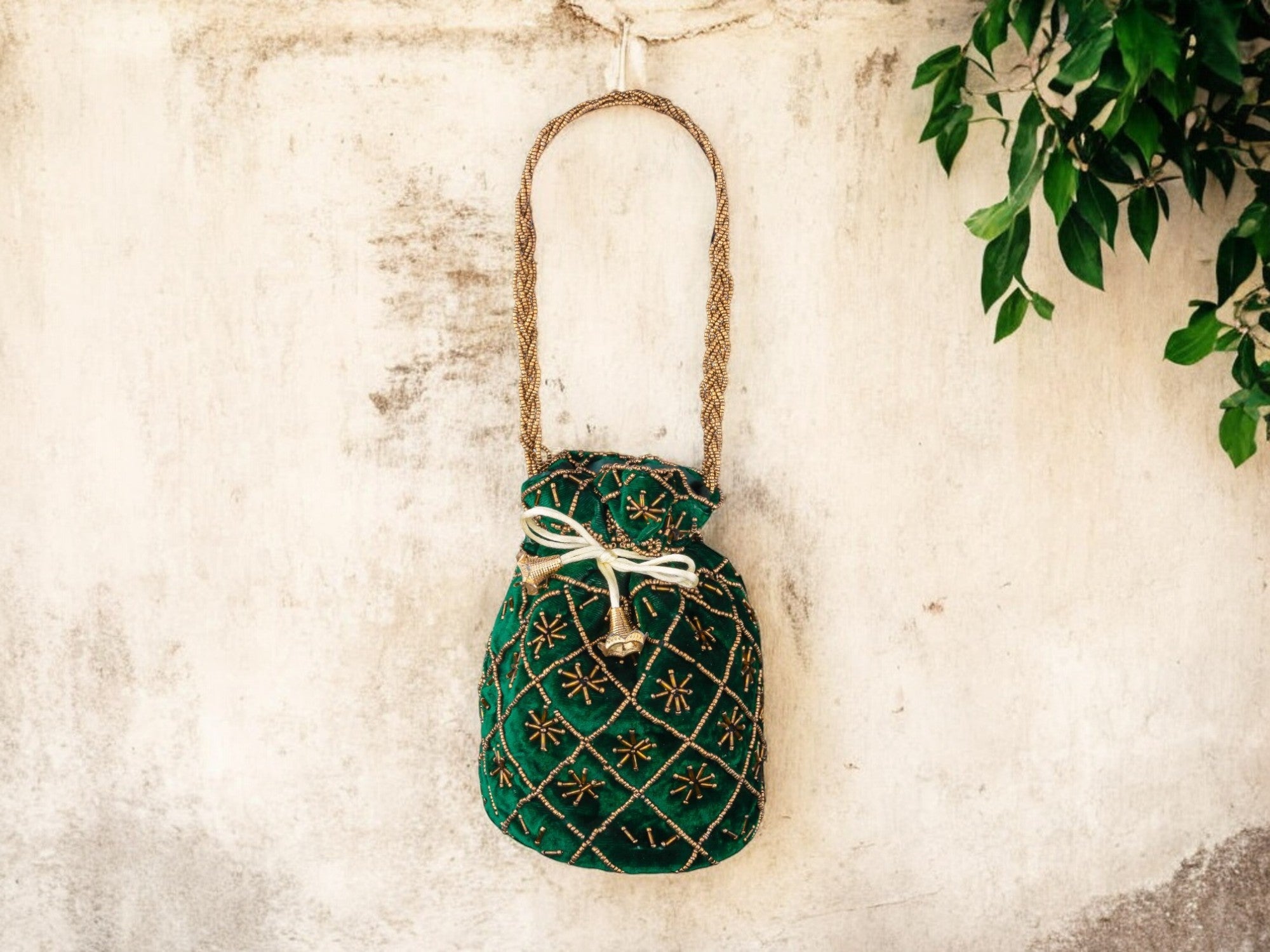 Fuchsia Embroidered Potli Bag with Golden Beadwork & Braided Handle - Green - Image 1