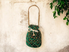 Fuchsia Embroidered Potli Bag with Golden Beadwork & Braided Handle - Green - Image 1