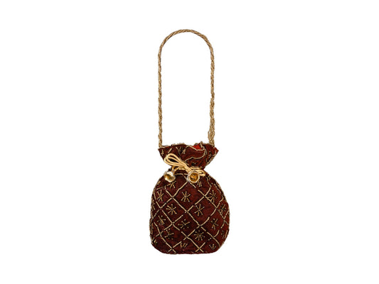 Fuchsia Embroidered Potli Bag with Golden Beadwork & Braided Handle - Maroon - Image 2