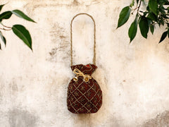 Fuchsia Embroidered Potli Bag with Golden Beadwork & Braided Handle - Maroon - Image 1
