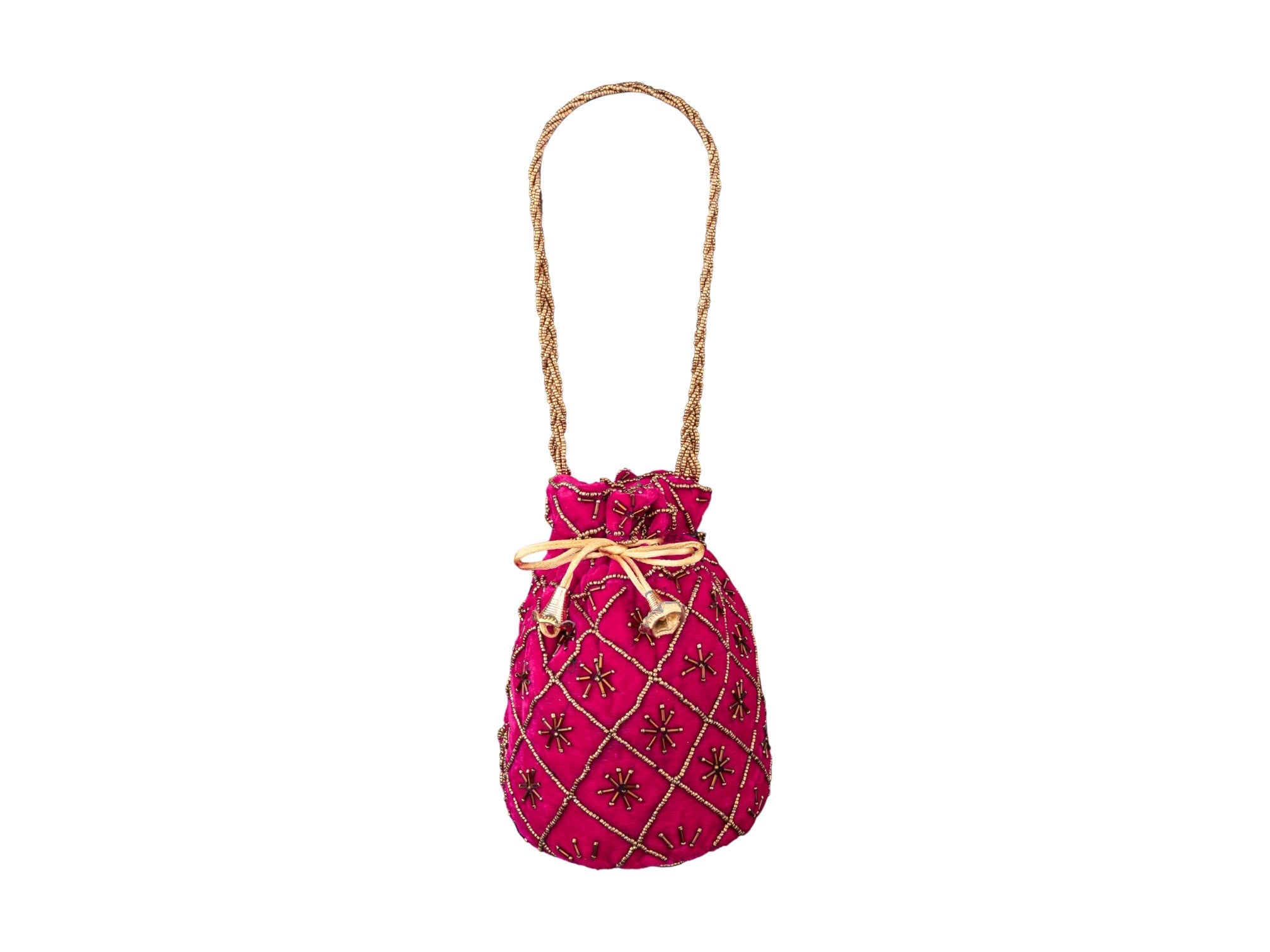 Fuchsia Embroidered Potli Bag with Golden Beadwork & Braided Handle - Pink - Image 2