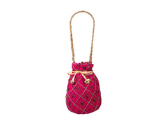 Fuchsia Embroidered Potli Bag with Golden Beadwork & Braided Handle - Pink - Image 2