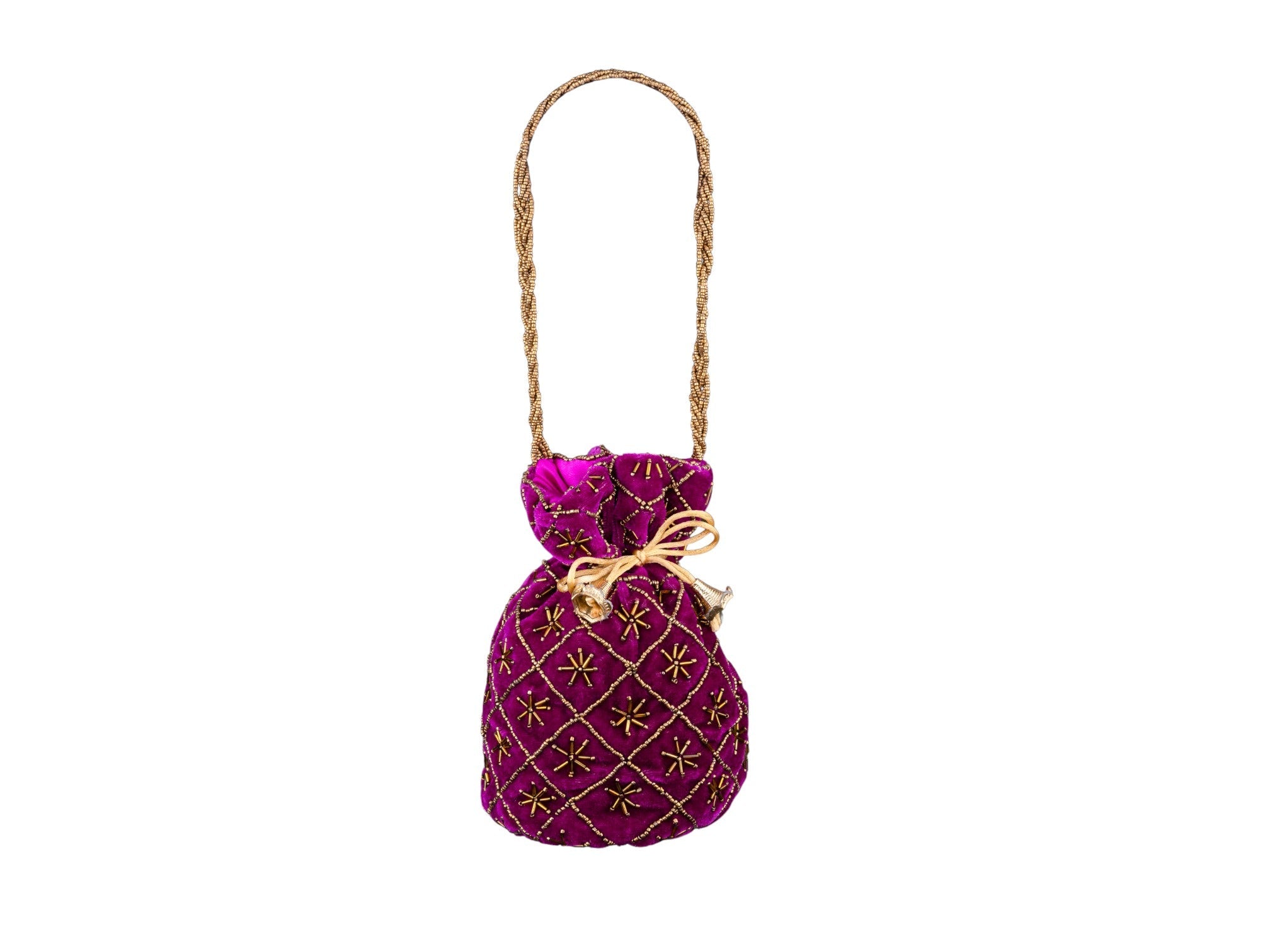Fuchsia Embroidered Potli Bag with Golden Beadwork & Braided Handle - Purple - Image 2