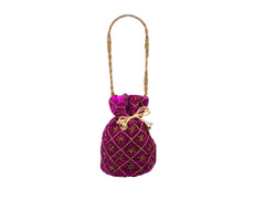 Fuchsia Embroidered Potli Bag with Golden Beadwork & Braided Handle - Purple - Image 2