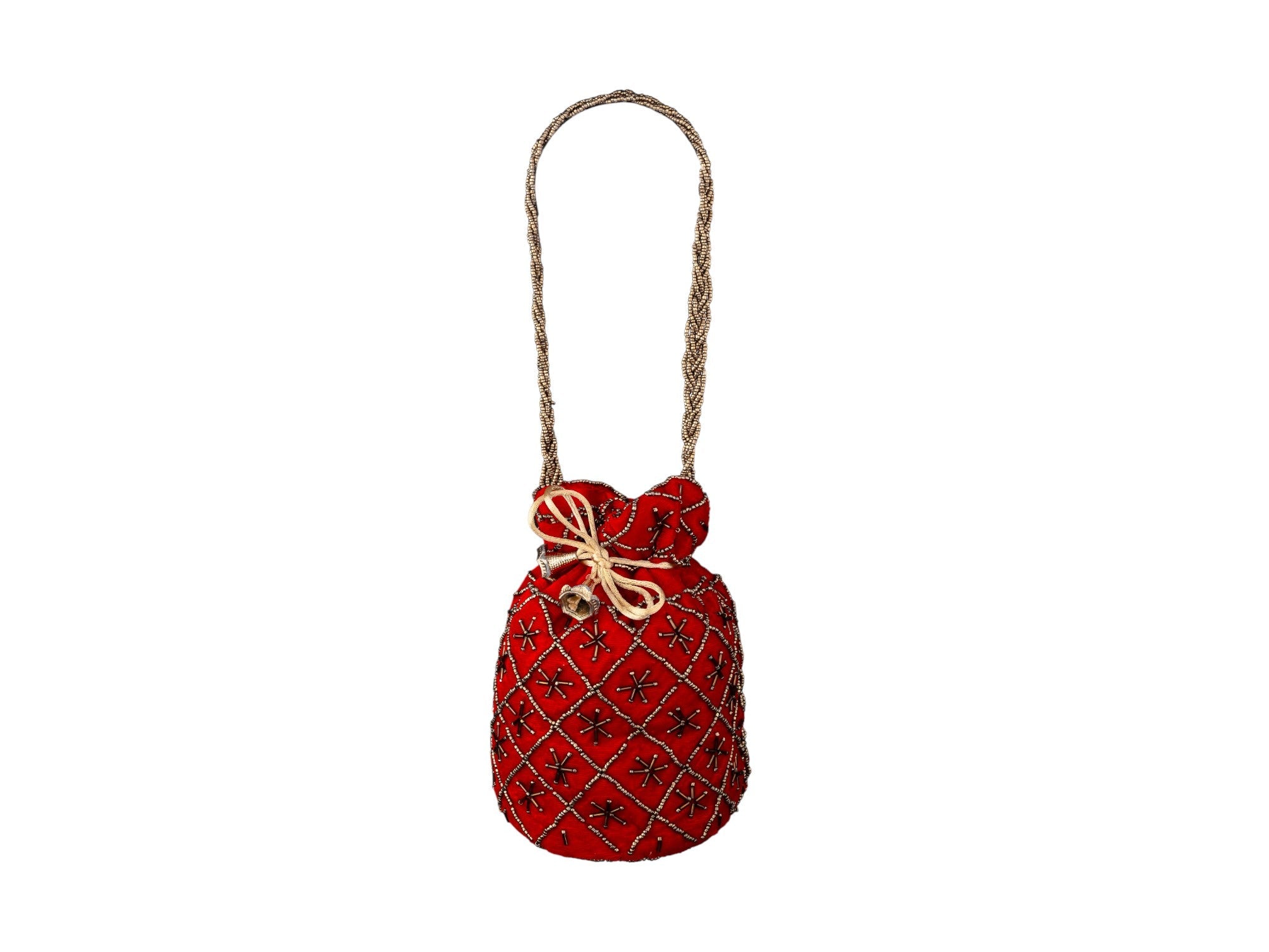 Fuchsia Embroidered Potli Bag with Golden Beadwork & Braided Handle - Red - Image 2