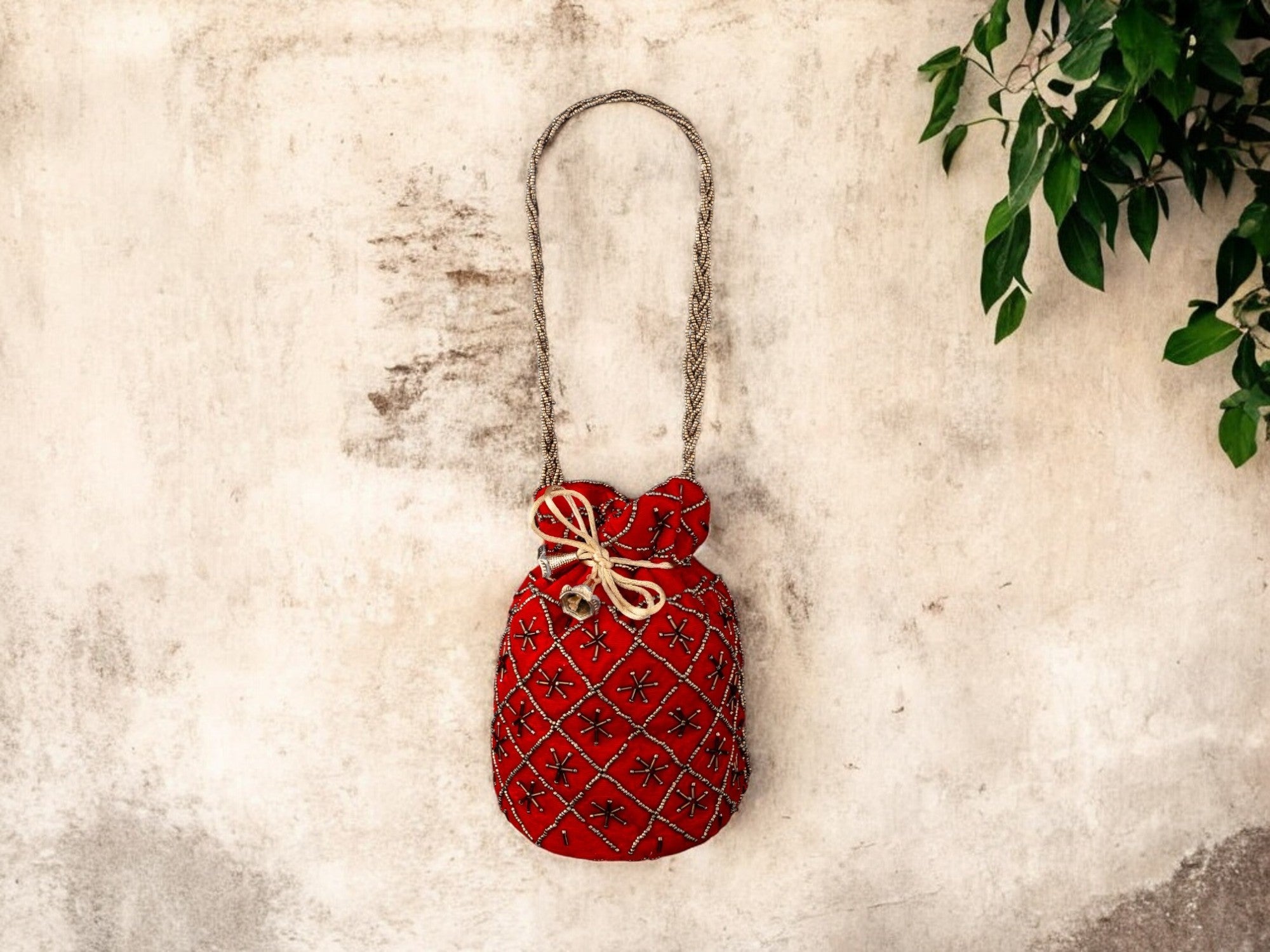 Fuchsia Embroidered Potli Bag with Golden Beadwork & Braided Handle - Red - Image 1