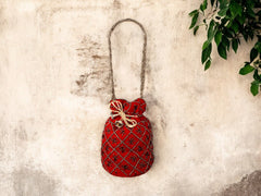 Fuchsia Embroidered Potli Bag with Golden Beadwork & Braided Handle - Red - Image 1