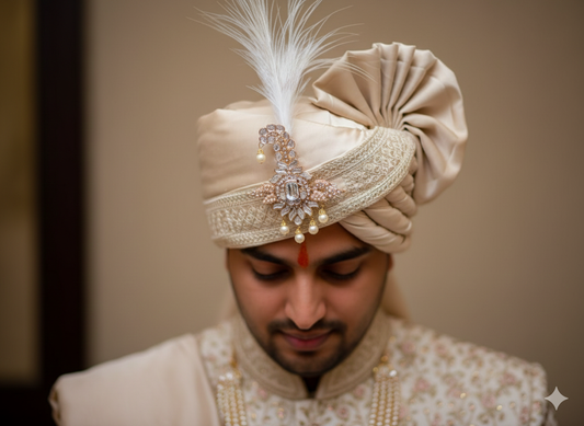 Hand-Tied  Classic Groom Pagdi with Embroidered Safa and Pearl Kalgi
