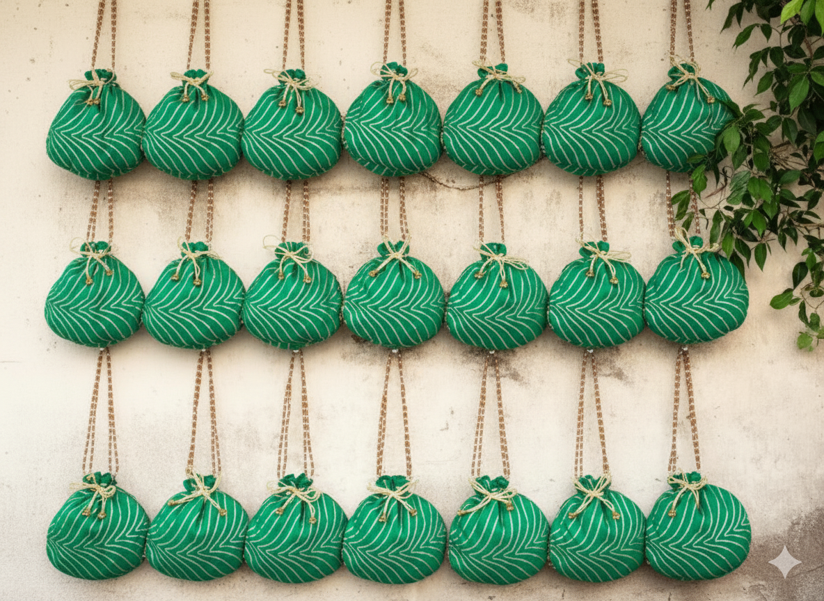 Bandhani Style Round Potli Bag with Golden Handle - Green