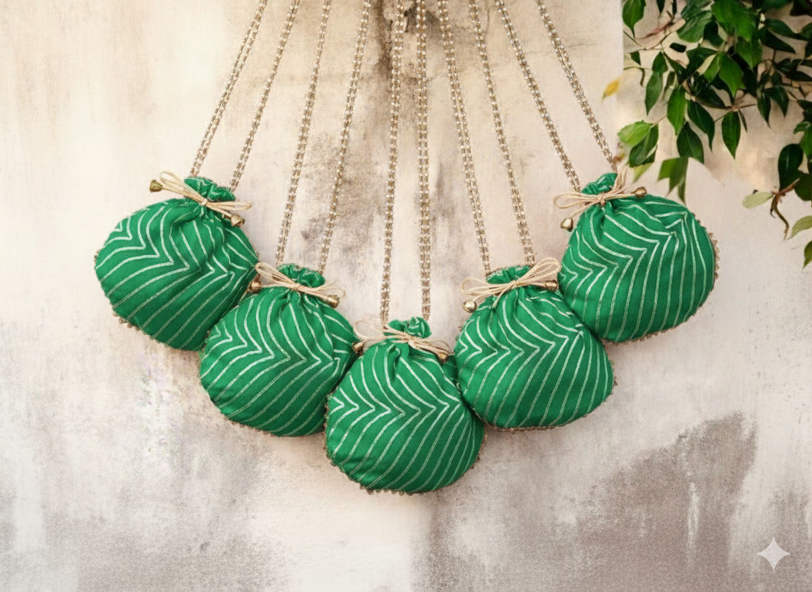 Bandhani Style Round Potli Bag with Golden Handle - Green