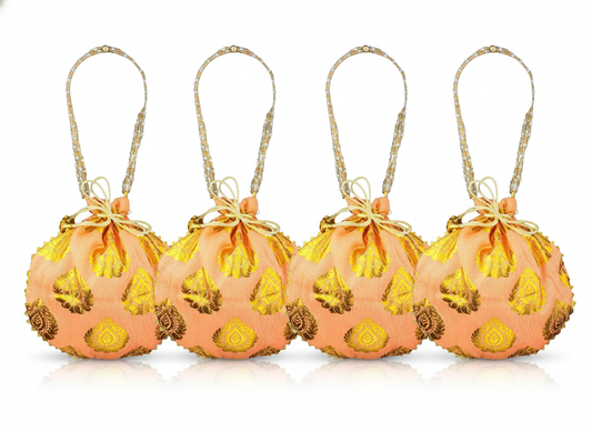Bail Round Potli Bag with Pearl Beaded Handle Peach- Pack of 4