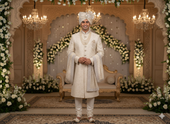 Champagne Golden Groom’s Pagdi with Mirror Work Safa & Pearl Kalgi