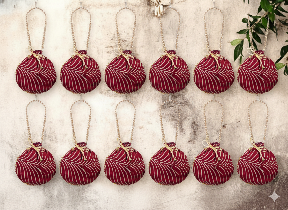 Bandhani Style Round Potli Bag with Golden Handle - Red