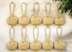 Bandhani Style Round Potli Bag with Golden Handle - Cream