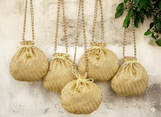 Bandhani Style Round Potli Bag with Golden Handle - Cream