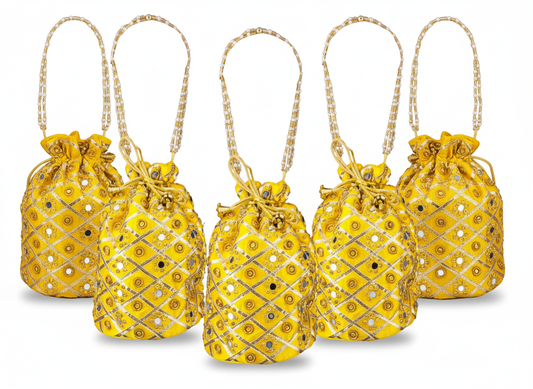 Embellished Silk Potli Bag with Beaded Handle Yellow
