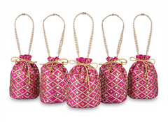 Embellished Silk Potli Bag with Beaded Handle Pink - Pack of 5