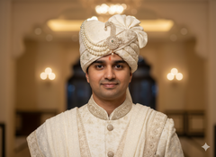 Ivory Jacquard Groom’s Pagdi with Matching Safa & Pearl Kalgi