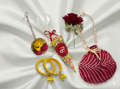 Luxurious Haldi & Mehendi Gift Hamper Set | Gota Potli Bag + Floral Maang Tikka +Hanging Latoo Bangles + Sweet Cone + Rose Hair Pin| Wedding Return Gift Combo