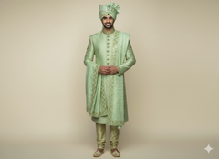 Mint Green Embroidered Groom’s Pagdi with Matching Safa & Pearl Kalgi