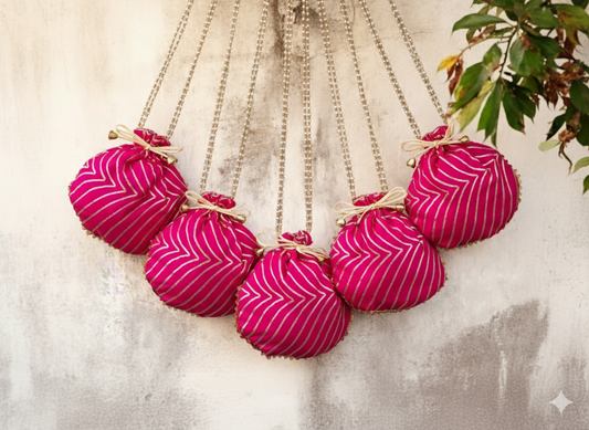 Bandhani Style Round Potli Bag with Golden Handle - Pink