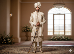 Ivory Embroidered Groom’s Pagdi with Safa & Pearl Kalgi