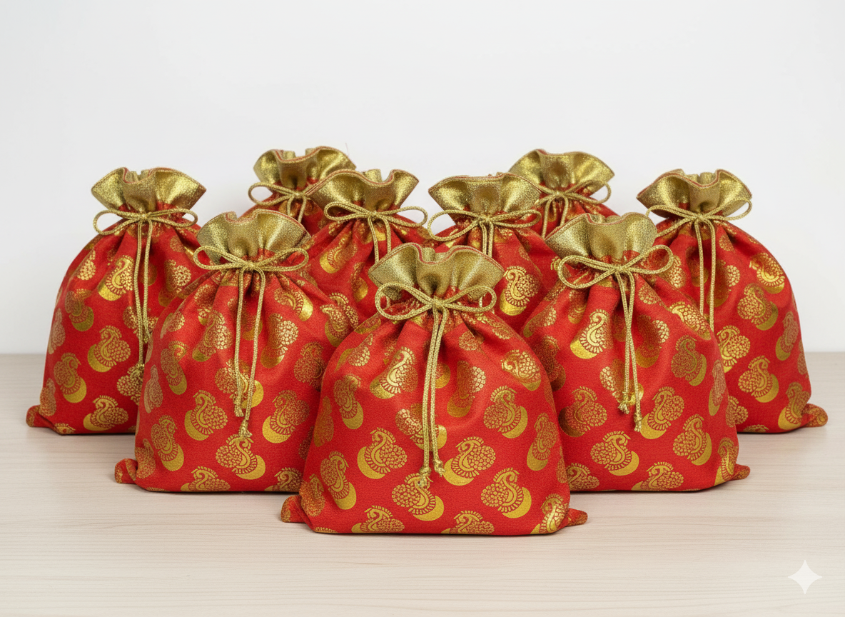 Traditional Red & Gold Brocade Potli Bag (pack of 10)