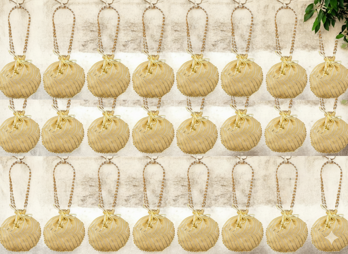 Bandhani Style Round Potli Bag with Golden Handle - Cream