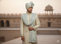 Royal Pistachio Green Groom’s Pagdi with Embroidered Safa & Beaded Kalgi