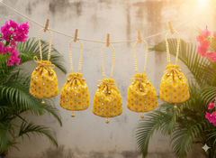 Embellished Silk Potli Bag with Beaded Handle Yellow