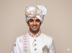 White Groom’s Pagdi with Embroidered Safa & Pearl Kalgi