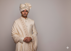 Ivory Jacquard Groom’s Pagdi with Matching Safa & Pearl Kalgi