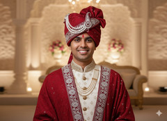 Royal Maroon Groom’s Pagdi with Embroidered Safa & Pearl Kalgi