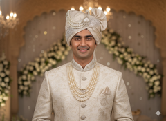 Champagne Golden Groom’s Pagdi with Mirror Work Safa & Pearl Kalgi