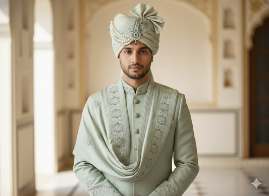 Royal Pistachio Green Groom’s Pagdi with Embroidered Safa & Beaded Kalgi