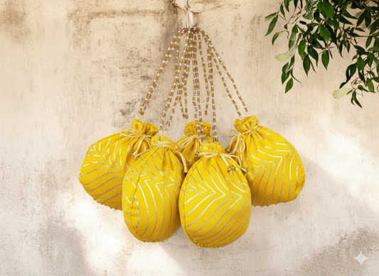 Bandhani Style Round Potli Bag with Golden Handle - Yellow