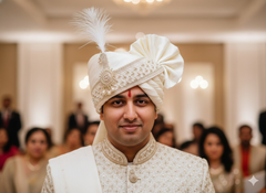 Hand-Tied Royal Essence Groom Pagdi with Embroidered Safa and Pearl Kalgi