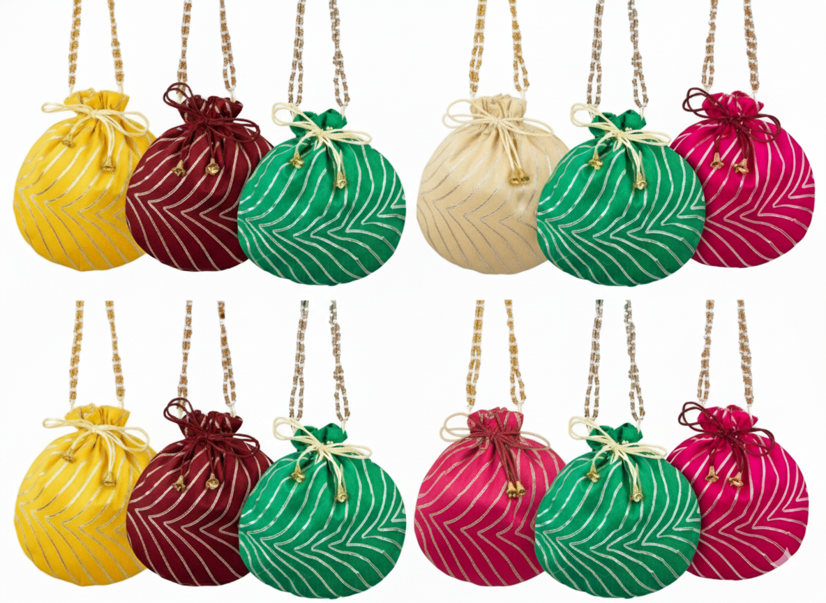 Bandhani Style Round Potli Bag with Golden Handle - Mutliple colours