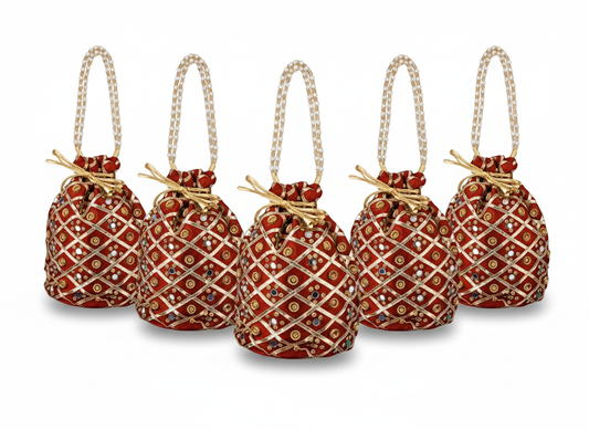 Embellished Silk Potli Bag with Beaded Handle Red - Pack of 5