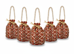 Embellished Silk Potli Bag with Beaded Handle Red - Pack of 5
