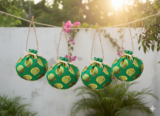 Bail Round Potli Bag with Pearl Beaded Handle Green- Pack of 4