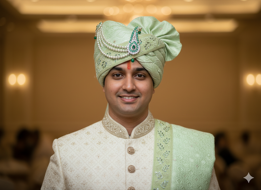 Mint Green Embroidered Groom’s Pagdi with Matching Safa & Pearl Kalgi