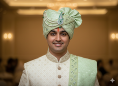 Mint Green Embroidered Groom’s Pagdi with Matching Safa & Pearl Kalgi