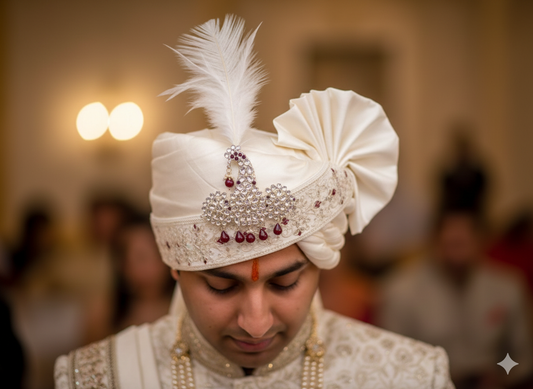 Hand-Tied Majestic Groom Pagdi with Kundan & Maroon  Pearl Kalgi and Safa