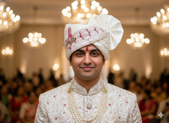 Hand-Tied White & Ruby Groom Pagdi  with Safa and Pearl Kalgi