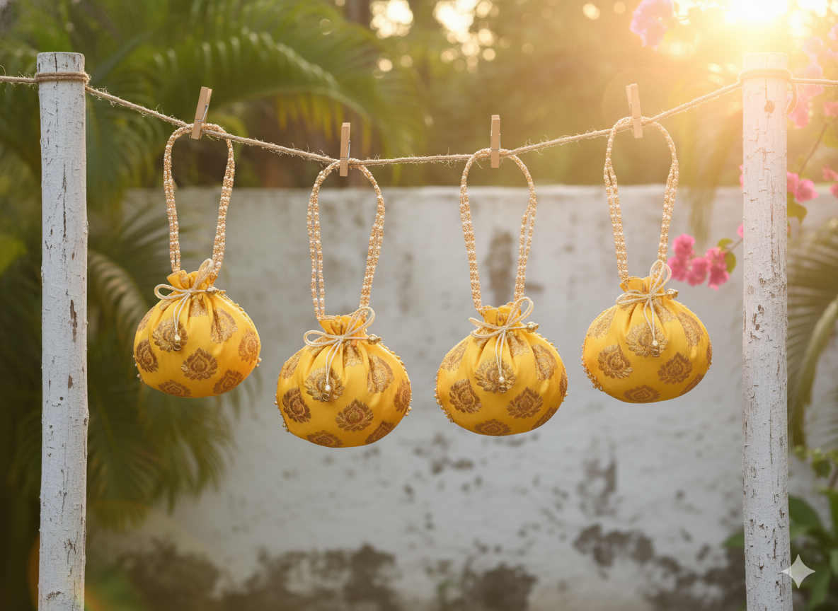 Bail Round Potli Bag with Pearl Beaded Handle Yellow- Pack of 4