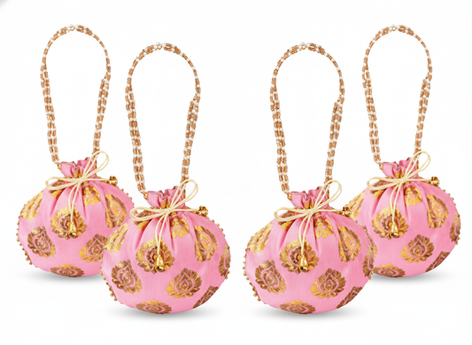 Bail Round Potli Bag with Pearl Beaded Handle Baby Pink- Pack of 4